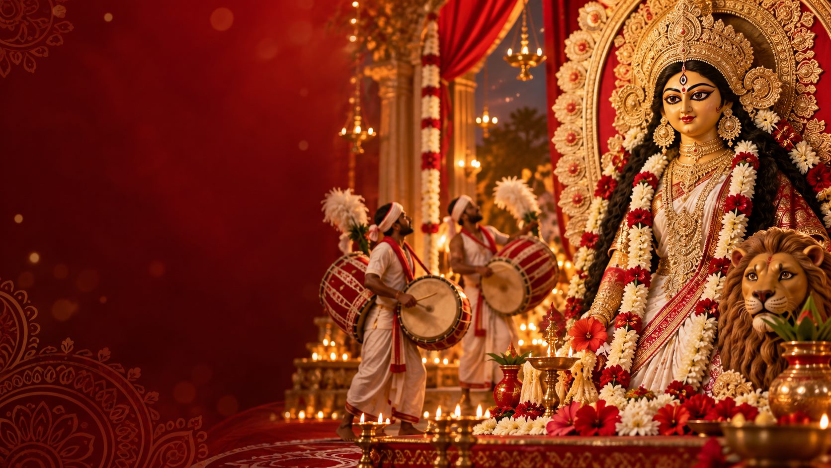 Maa Durga idol with dhak players for Mahalaya